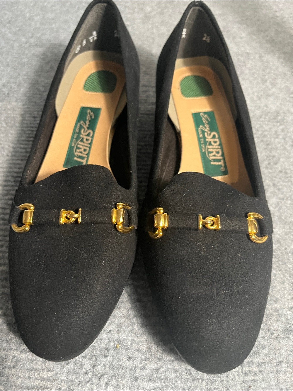 Easy Spirit Suede Black Loafers with Gold Hardware
